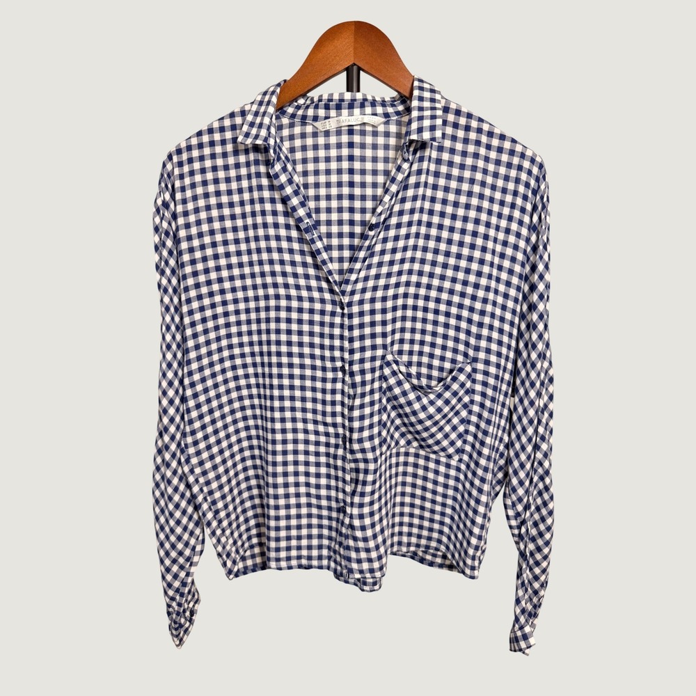 Zara Trafaluc Navy Blue Gingham Check Button Down Shirt Long Sleeve Medium
